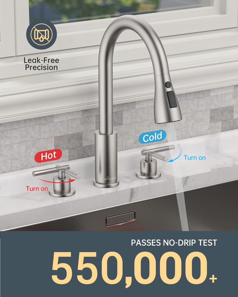 APPASO 2 Handle Kitchen Faucet  Brushed Nickel 3 Hole Kitchen Sink Faucet Modern High Arc 3 Modes Stainless Steel Faucet for Kitchen Sink - Image 5