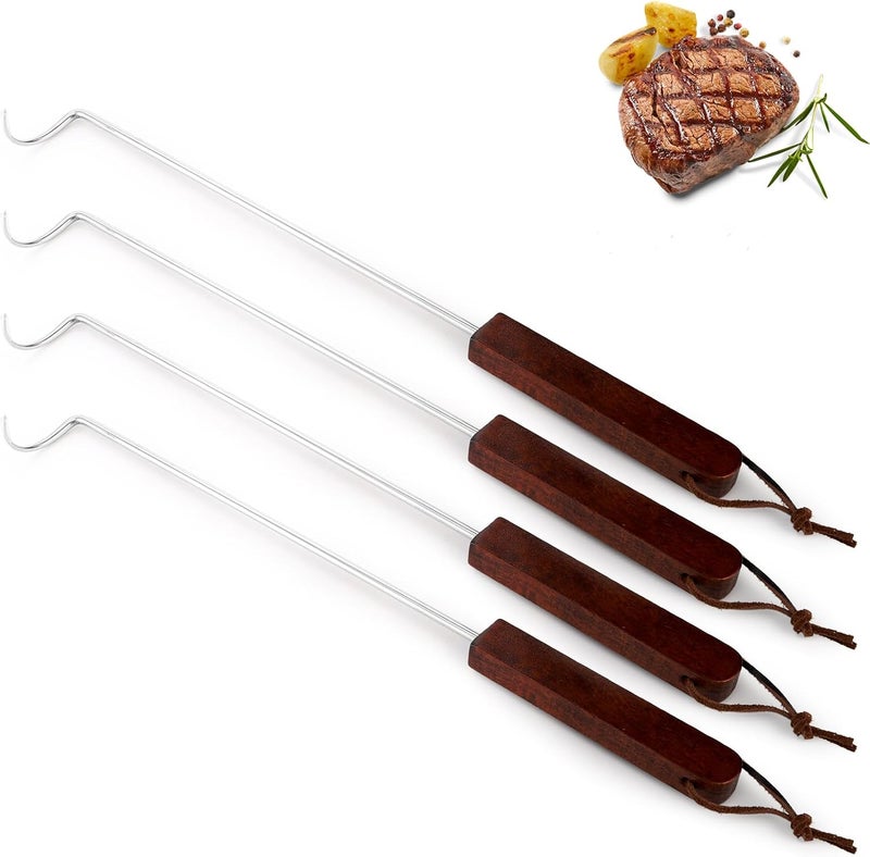 Youeon 4 Pack 17 Inch Pigtail Food Flipper with Wooden Handle, Stainless Steel Meat Hook Turner Grill Tools, BBQ Turner for BBQ Ribs, Steak, Fish, Chicken, Sausage, Vegetables - Image 1