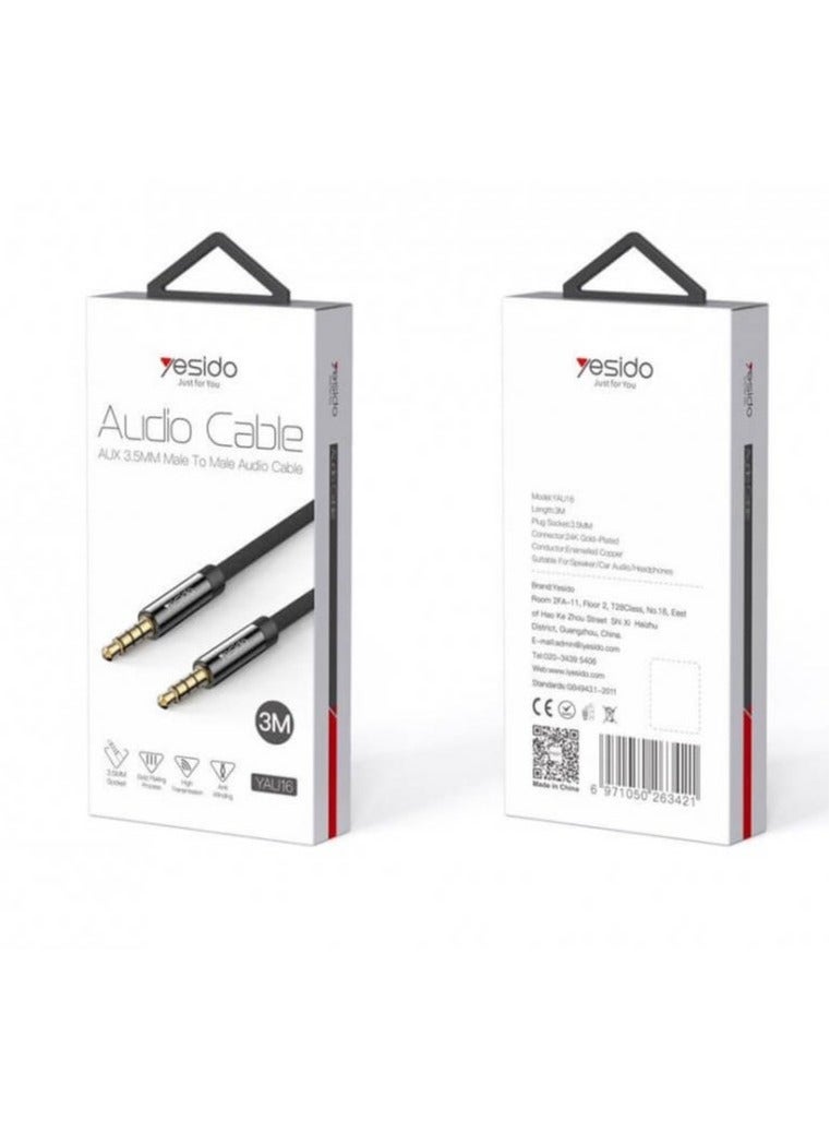 Yesido YAU16 3M AUX Audio Cable | 3.5mm Jack to Jack Stereo Cable for Car, Headphones & Speakers | High-Quality Sound, Tangle-Free, Durable Design | Universal Compatibility – Black - Image 1