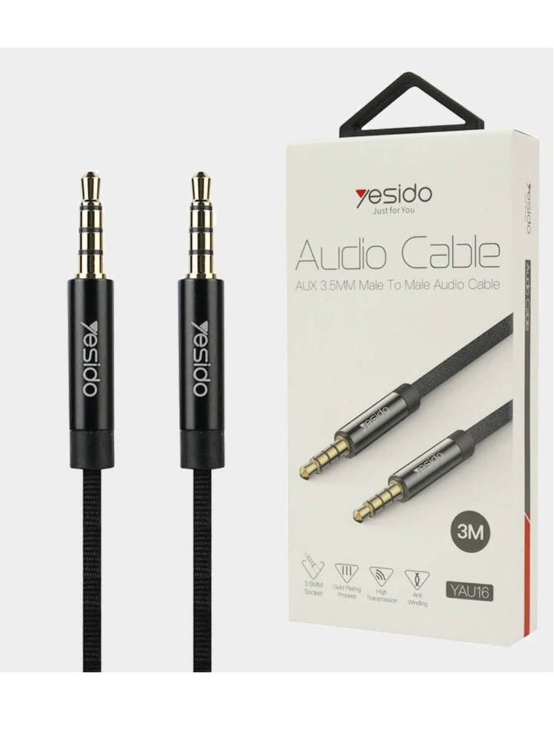 Yesido YAU16 3M AUX Audio Cable | 3.5mm Jack to Jack Stereo Cable for Car, Headphones & Speakers | High-Quality Sound, Tangle-Free, Durable Design | Universal Compatibility – Black - Image 2