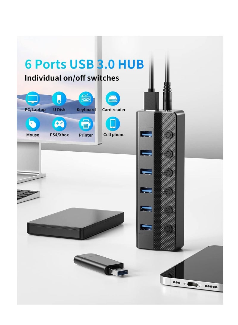 Excefore 6 Port USB 3.0 Hub, USB Port Hub Extension, USB Hub Splitter, USB Hub 3.0 Powered with Power Adapter for Mac & PC - Image 2