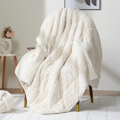Wemore Fleece Weighted Blanket for Adults 60 x 80 15lbs Cream White Dual Sided Cozy Soft Sherpa Heavy Blanket with 3D Imitation Turtle Shell Warm Jacquard Flannel for Couch and Bed