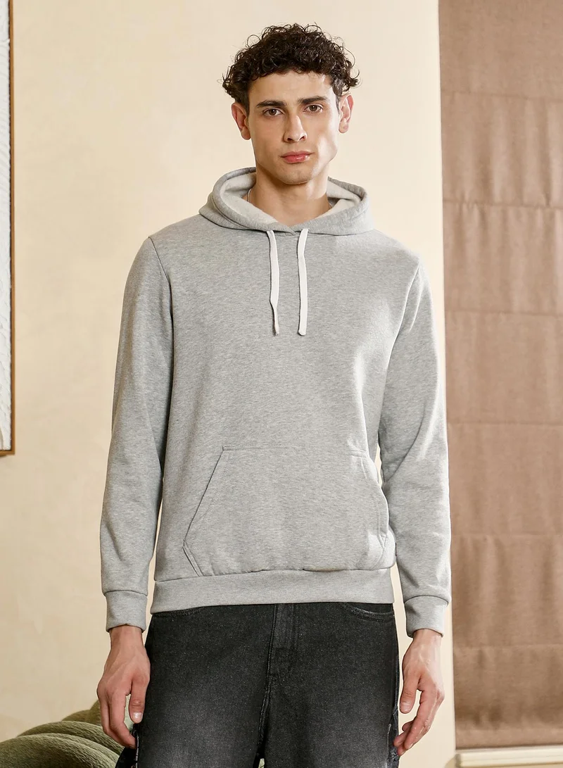 كامبوس سوترا Men's Regular Pullover Hoodie | Hooded Neck , Long Ribbed Cuff Sleeves , Pull On Closure , Ribbed-Straight Hem | Solid Knitted Plain For Casual & Daily | Light Grey