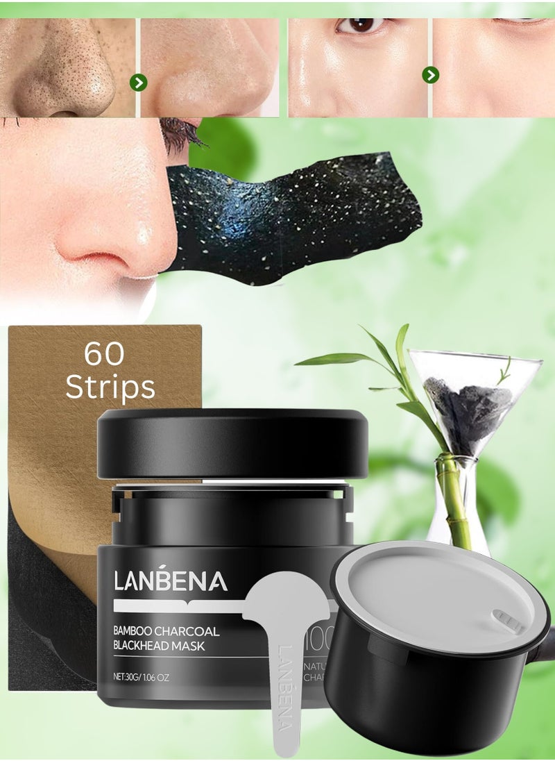 LANBENA Bamboo Charcoal Blackhead Mask,Charcoal Nose Pore Strips,Blackhead Remover Mask for Stubborn Blackheads, Dirts, Whiteheads, Oil,Face Pore Purifying Cleansing Mask  with 60 Pcs Nose Strips, Volcanic Ash Mask 30g  - Image 1