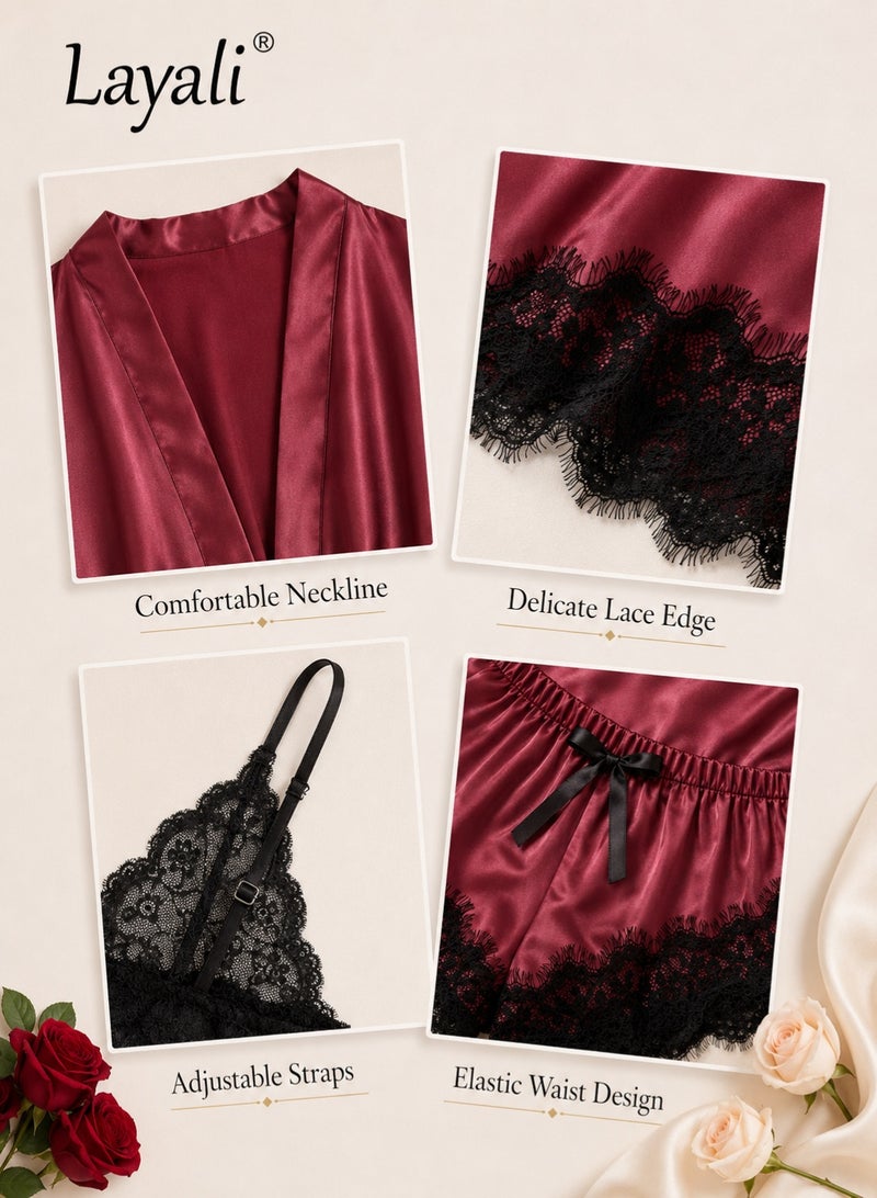 Layali 4 Pack Women's Nightwear Set Lace Trimmed Lightweight Silk Satin Sleepwear Pajama Ladies Summer Breathable Home Wearing Clothes Suits (Underwear + Panties + Robe + Shorts) Claret and Black - Image 4