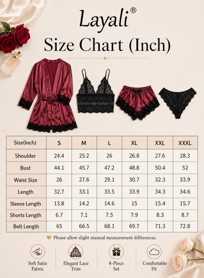 Layali 4 Pack Women's Nightwear Set Lace Trimmed Lightweight Silk Satin Sleepwear Pajama Ladies Summer Breathable Home Wearing Clothes Suits (Underwear + Panties + Robe + Shorts) Claret and Black - Image 5