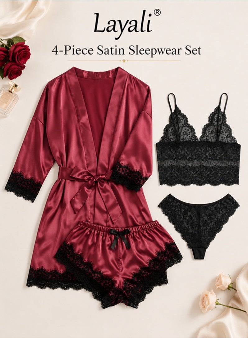 Layali 4 Pack Women's Nightwear Set Lace Trimmed Lightweight Silk Satin Sleepwear Pajama Ladies Summer Breathable Home Wearing Clothes Suits (Underwear + Panties + Robe + Shorts) Claret and Black - Image 1