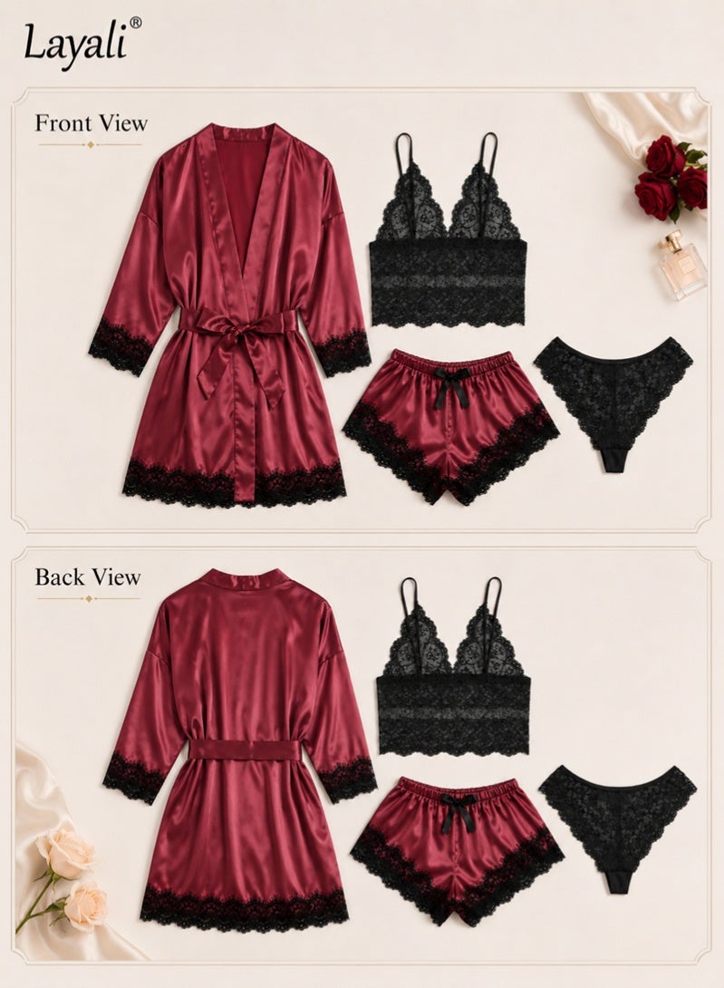 Layali 4 Pack Women's Nightwear Set Lace Trimmed Lightweight Silk Satin Sleepwear Pajama Ladies Summer Breathable Home Wearing Clothes Suits (Underwear + Panties + Robe + Shorts) Claret and Black - Image 2