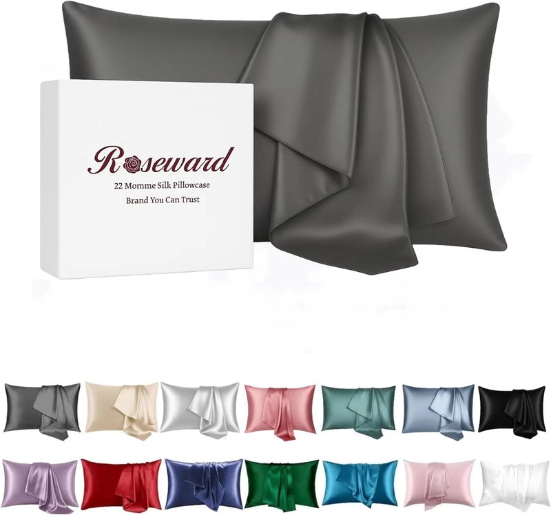 ROSEWARD Pure Mulberry Silk Pillow Cases Standard Size, Oeko-TEX Certified 100% Silk Pillowcase for Hair and Skin, Premium 22 Momme Silk Zippered Pillowcase, Dark Gray, 1 Pc 20"x26" (Standard, Slate Grey) - Image 1