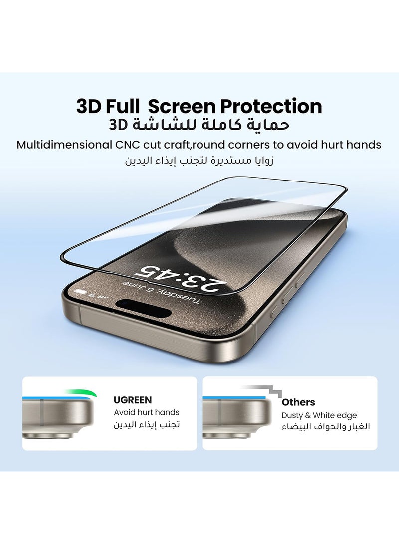 يو جرين واقي شاشة ايفون 15 برو ماكس، تغطية كاملة، إطار سهل التركيب، حماية من الدرجة العسكرية، شفاف عالي الدقة، مضاد لبصمات الأصابع، خالٍ من الفقاعات، طبقة من الزجاج المقوى 9H لهاتف ايفون 15 برو ماكس 6.7"-2 حزمة - Image 3