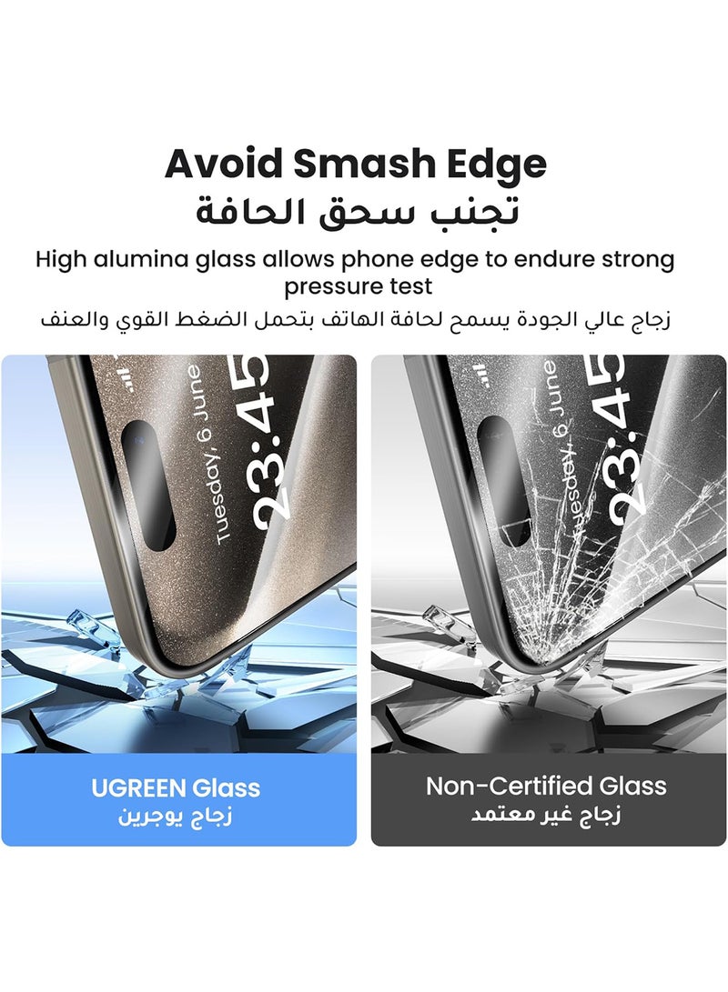 يو جرين واقي شاشة ايفون 15 برو ماكس، تغطية كاملة، إطار سهل التركيب، حماية من الدرجة العسكرية، شفاف عالي الدقة، مضاد لبصمات الأصابع، خالٍ من الفقاعات، طبقة من الزجاج المقوى 9H لهاتف ايفون 15 برو ماكس 6.7"-2 حزمة - Image 5