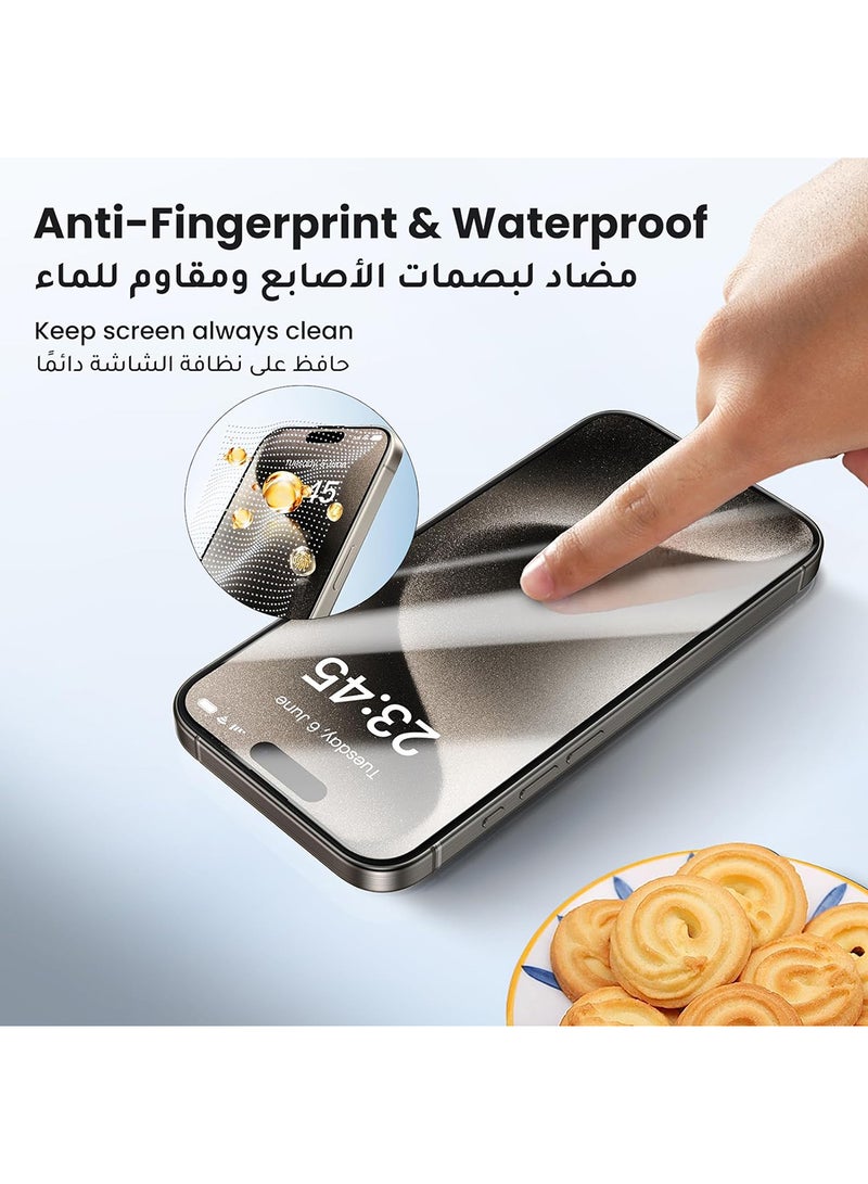 يو جرين واقي شاشة ايفون 15 برو ماكس، تغطية كاملة، إطار سهل التركيب، حماية من الدرجة العسكرية، شفاف عالي الدقة، مضاد لبصمات الأصابع، خالٍ من الفقاعات، طبقة من الزجاج المقوى 9H لهاتف ايفون 15 برو ماكس 6.7"-2 حزمة - Image 4