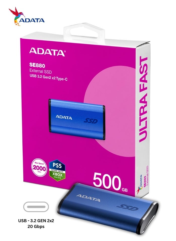 ADATA - SE880 500GB External SSD | Portable Ultra Fast Solid State Drive Compatible with PS5 XBOX | Blue - Image 1
