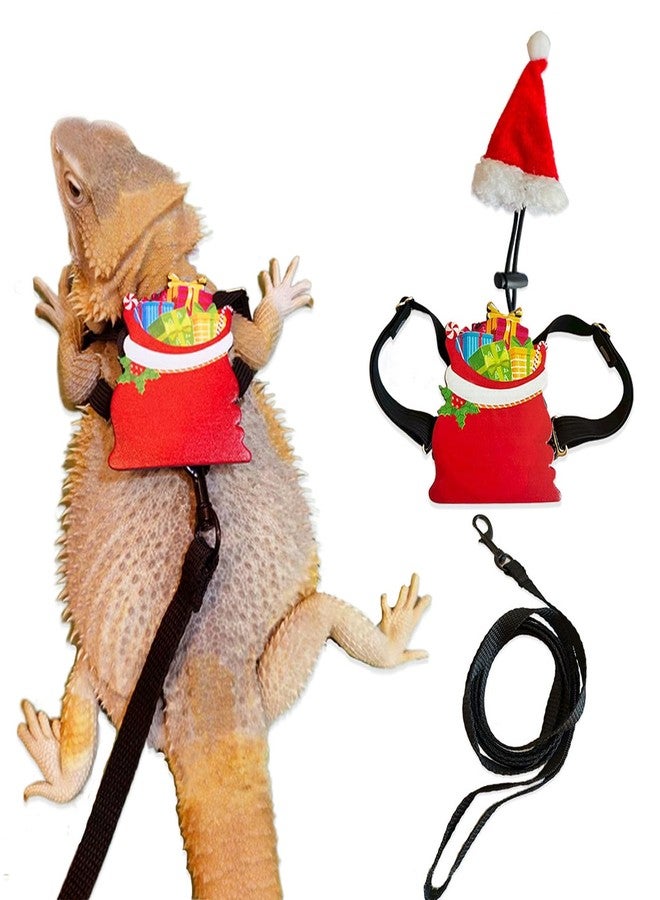 hokable Christmas Bearded Dragon Santa Hat Lizard Leash Harness Set - with Santa Hat Lizard Leash Harness Reptile Leopard Gecko Christmas Cosplay Accessories - Image 1