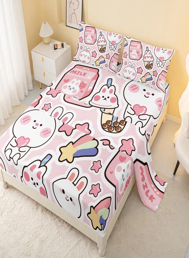 CVHouse Kawaii Bed Set Sheets Twin Size,Kawaii Rabbit Bedding Sets for Girls Kids Teens,Cute Rabbit Fitted Sheet Sets,1 Flat Sheet & 1 Fitted Sheet with 2 Pillow Cases - 4 Pieces - Image 1