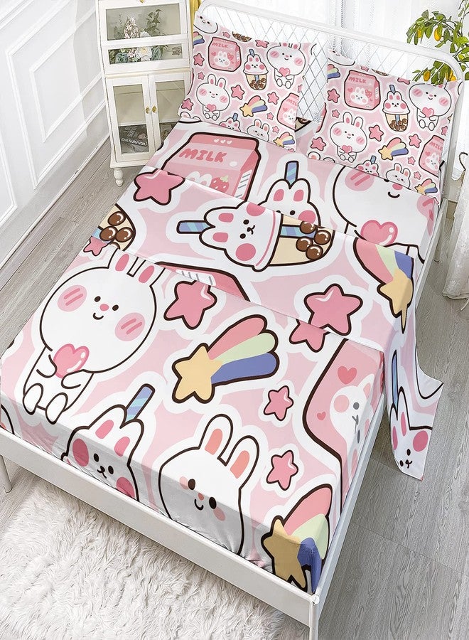 CVHouse Kawaii Bed Set Sheets Twin Size,Kawaii Rabbit Bedding Sets for Girls Kids Teens,Cute Rabbit Fitted Sheet Sets,1 Flat Sheet & 1 Fitted Sheet with 2 Pillow Cases - 4 Pieces - Image 2