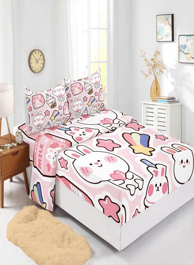 CVHouse Kawaii Bed Set Sheets Twin Size,Kawaii Rabbit Bedding Sets for Girls Kids Teens,Cute Rabbit Fitted Sheet Sets,1 Flat Sheet & 1 Fitted Sheet with 2 Pillow Cases - 4 Pieces - Image 3