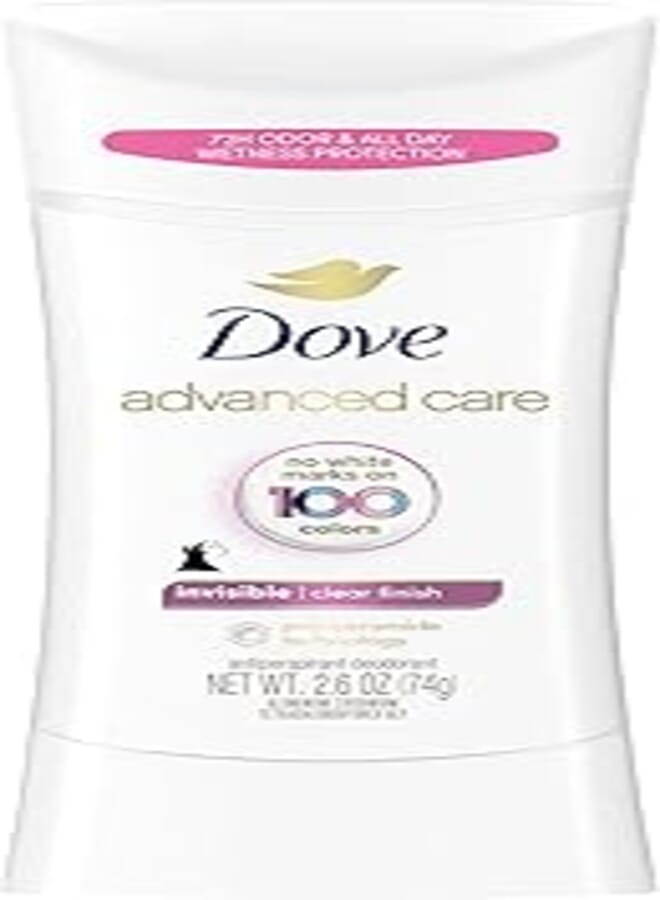 Dove Advanced Care Invisible Antiperspirant Deodorant Stick No White Marks on 100 Colors Clear Finish 48-Hour Sweat and Odor Protecting Deodorant for Women 2.6 oz