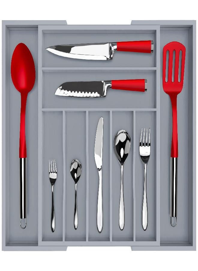 Royal Craft Wood ROYAL CRAFT WOOD Luxury Bamboo Kitchen Drawer Organizer - Silverware Organizer - Utensil Holder and Cutlery Tray with Grooved Drawer Dividers for Flatware and Kitchen Utensils (9 Slot, Gray)