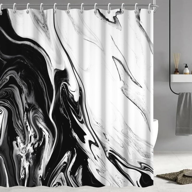 Ruelvth Black and White Shower Curtain, Modern Abstract Marble Shower Curtain for Bathroom Aesthetic Ink Texture Waterproof Fabric Shower Curtain Set with Hooks, 72x72 Inch - Image 1