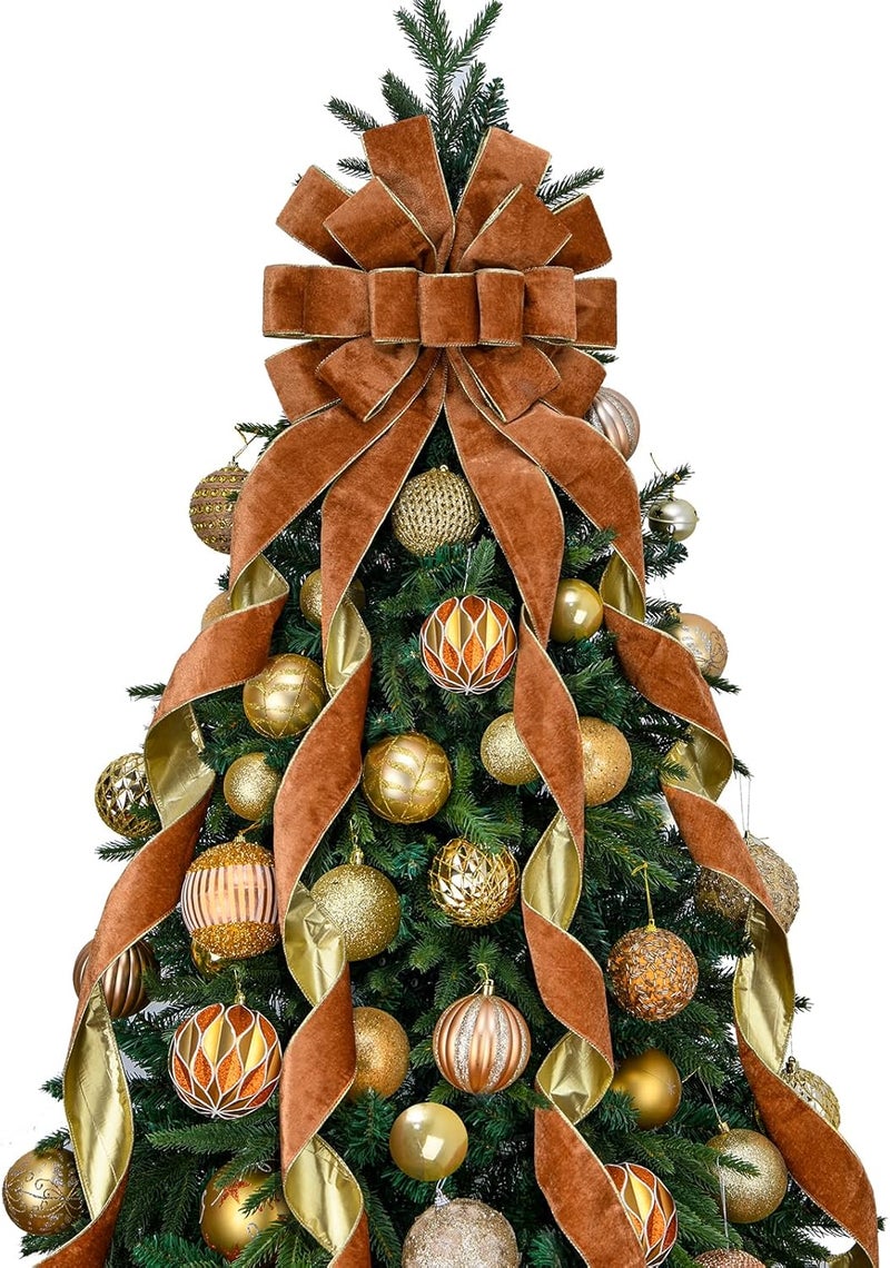 BUVANE Christmas Tree Topper,48x13 Inches Velvet Toppers Bow,Large Decorative Bows for Christmas Decoration (Khaki) - Image 1