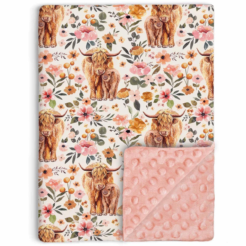 Buerhanerry Highland Cow Baby Blanket for Girls, Boho Floral Farmhouse Highland Cow Toddler Soft Minky Blanket with Double Layer Dotted Backing, Nursery Newborn Baby Crib Receiving Blanket Western Cow, 30"x40" - Image 1