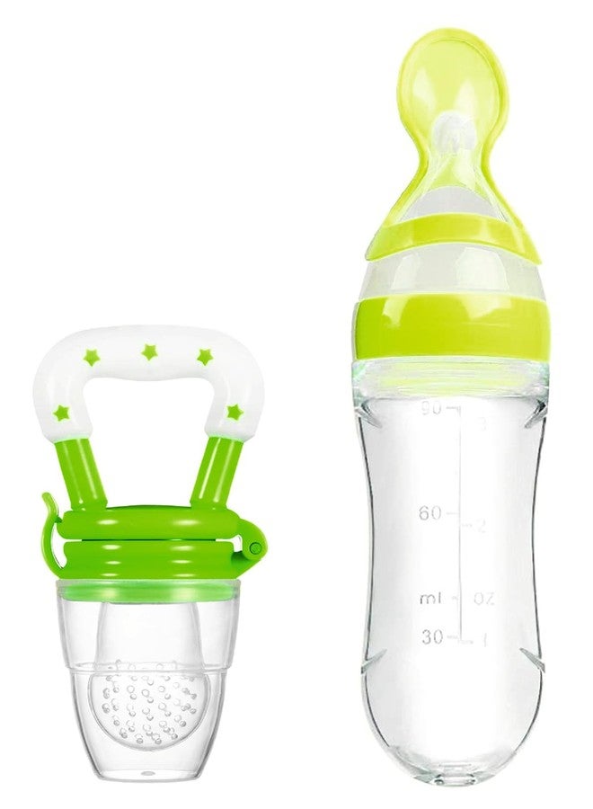 Roforuf Newborn Baby Feeding Bottle 90ML/Silicone Squeeze Feeding Spoon Milk 1 pc and Baby Food Feeder/Neebler/Pacifier 1 pc (Green Pack of 2) - Image 1