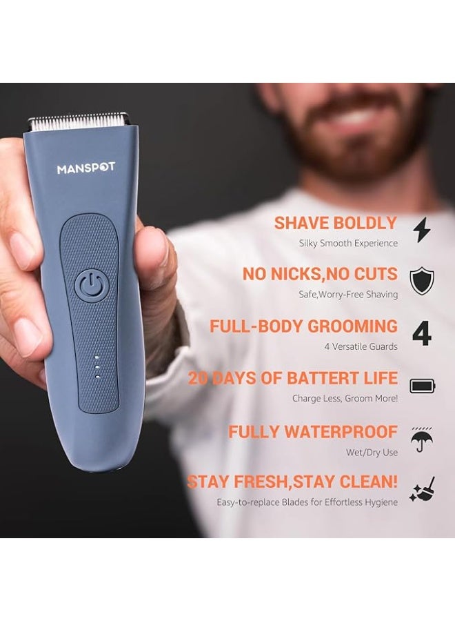 MANSPOT Electric Pubic Hair Trimmer Men's Shaving & Grooming Sets Kit w/4 Guards and Replaceable Ceramic Blade Heads, Waterproof Wet/Dry Groin Trimmer for Men, 90 Minutes Shaving, Body Groomer for Men Blue - Image 4