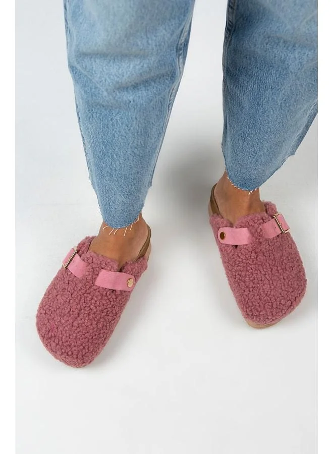Manijero Juno Women's Textile Fur-Lined Genuine Leather Belted Buckle Lilac Slippers - Purple
