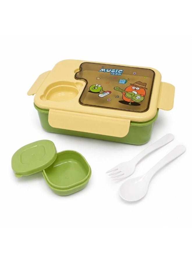 A hygienic, segmented plastic lunch box featuring an airtight, clip-lock lid to keep food fresh. It is divided into three compartments and comes with a spoon, a fork, and a colorful sauce container. Dimensions: 16 x 22 cm. Color: Green. - Image 1