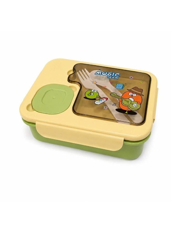 A hygienic, segmented plastic lunch box featuring an airtight, clip-lock lid to keep food fresh. It is divided into three compartments and comes with a spoon, a fork, and a colorful sauce container. Dimensions: 16 x 22 cm. Color: Green. - Image 2