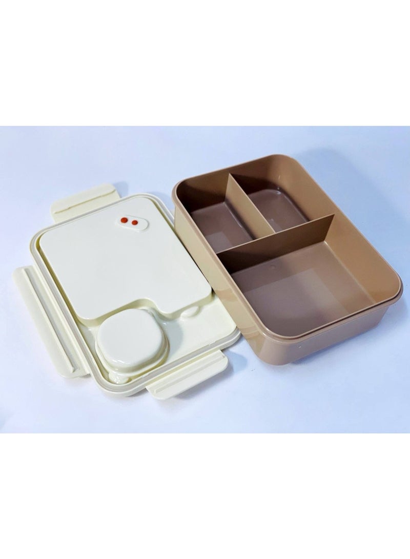 A hygienic, segmented plastic lunch box featuring an airtight, clip-lock lid to keep food fresh. It is divided into three compartments and comes with a spoon, a fork, and a colorful sauce container. Dimensions: 16 x 22 cm. Color: Green. - Image 3