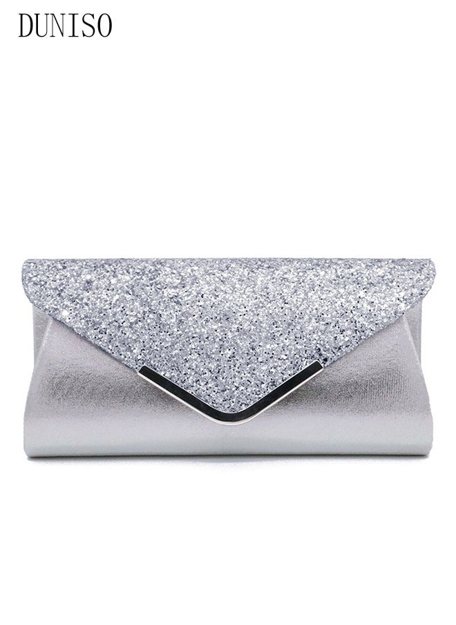 DUNISO - 4 Pcs Silver Rhinestone Jewelry Set for Women Glitter Evening Clutch Envelope Purse Wavy Design Necklace Earrings Bracelet Set for Ladies Dinner Party Date Wedding - Image 1