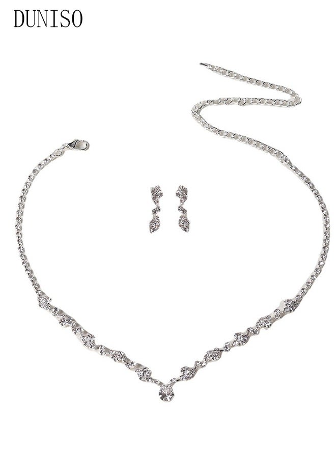 DUNISO - 4 Pcs Silver Rhinestone Jewelry Set for Women Glitter Evening Clutch Envelope Purse Wavy Design Necklace Earrings Bracelet Set for Ladies Dinner Party Date Wedding - Image 1