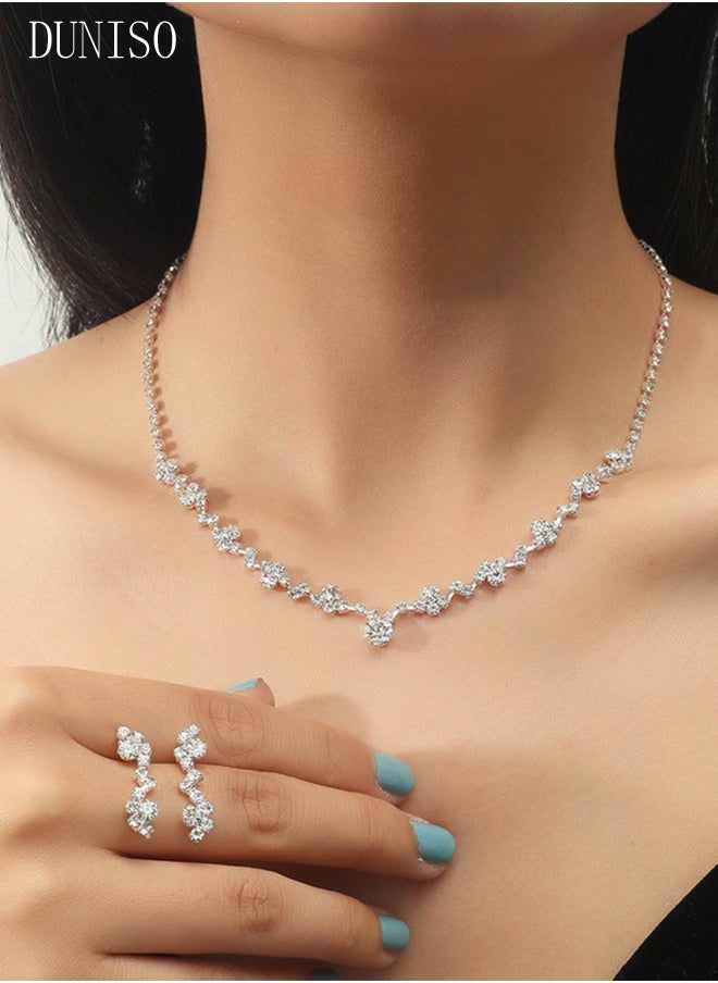 DUNISO - 4 Pcs Silver Rhinestone Jewelry Set for Women Glitter Evening Clutch Envelope Purse Wavy Design Necklace Earrings Bracelet Set for Ladies Dinner Party Date Wedding - Image 1