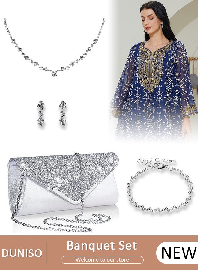 DUNISO مجموعة مجوهرات فضية من حجر الراين مكونة من 4 قطع للنساء لامعة ومحفظة مسائية ومحفظة بتصميم مموج وقلادة وأقراط وسوار للسيدات لحفلات العشاء وحفلات الزفاف - Image 1