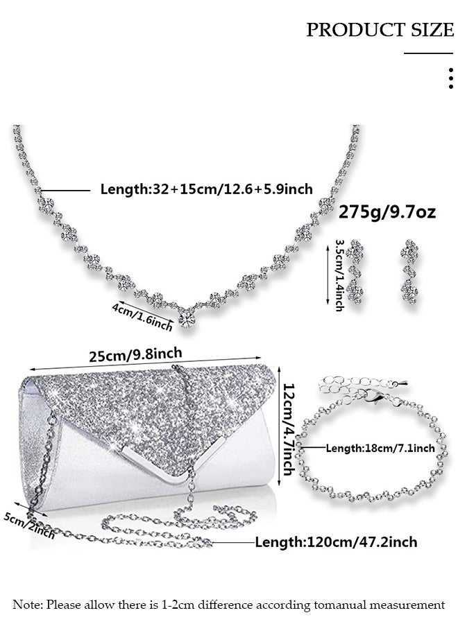 DUNISO مجموعة مجوهرات فضية من حجر الراين مكونة من 4 قطع للنساء لامعة ومحفظة مسائية ومحفظة بتصميم مموج وقلادة وأقراط وسوار للسيدات لحفلات العشاء وحفلات الزفاف - Image 2
