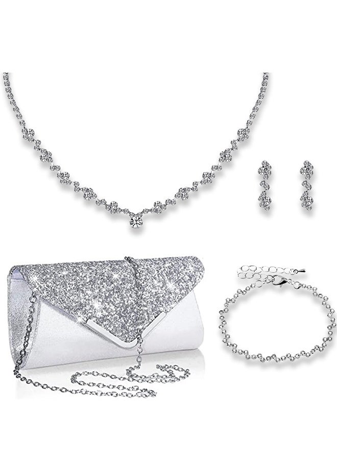 DUNISO مجموعة مجوهرات فضية من حجر الراين مكونة من 4 قطع للنساء لامعة ومحفظة مسائية ومحفظة بتصميم مموج وقلادة وأقراط وسوار للسيدات لحفلات العشاء وحفلات الزفاف - Image 3