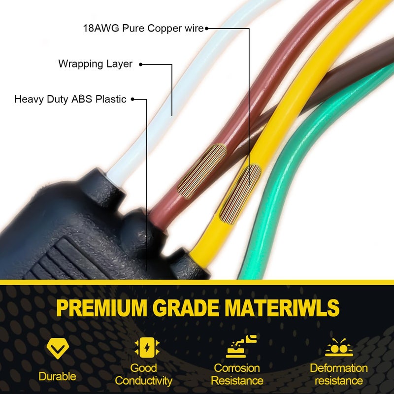 WALSIO 4 Pin 5 Wire Trailer Wiring Harness, 22FT Trailer Wiring Harness Kit, Boat Trailer Wiring Harness, 5 Wire 4 Pin Flat Trailer Connector, for Connection of Tail Lights, Brake Lights and Turn Signals - Image 5
