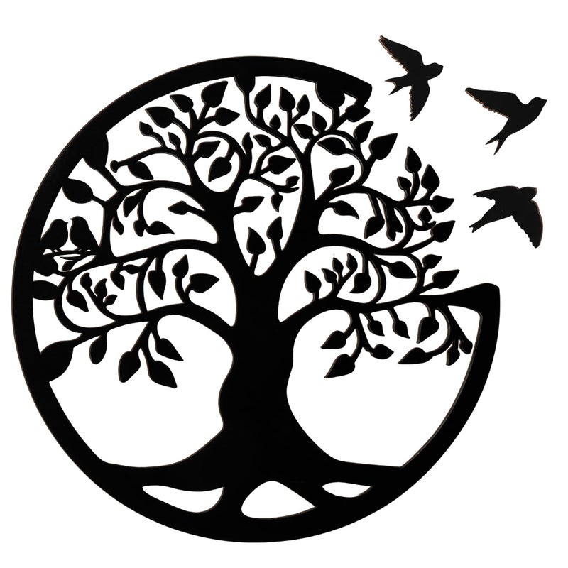 Focal20 Tree of Life Wall Art Wooden Tree Life Wall Decor with Three Birds 12 Inch Round Family Tree Life Wall Hanging Plaque for Bedroom Living Room Kitchen Office Farmhouse Decor Indoor Outdoor (Round Tree - Image 1