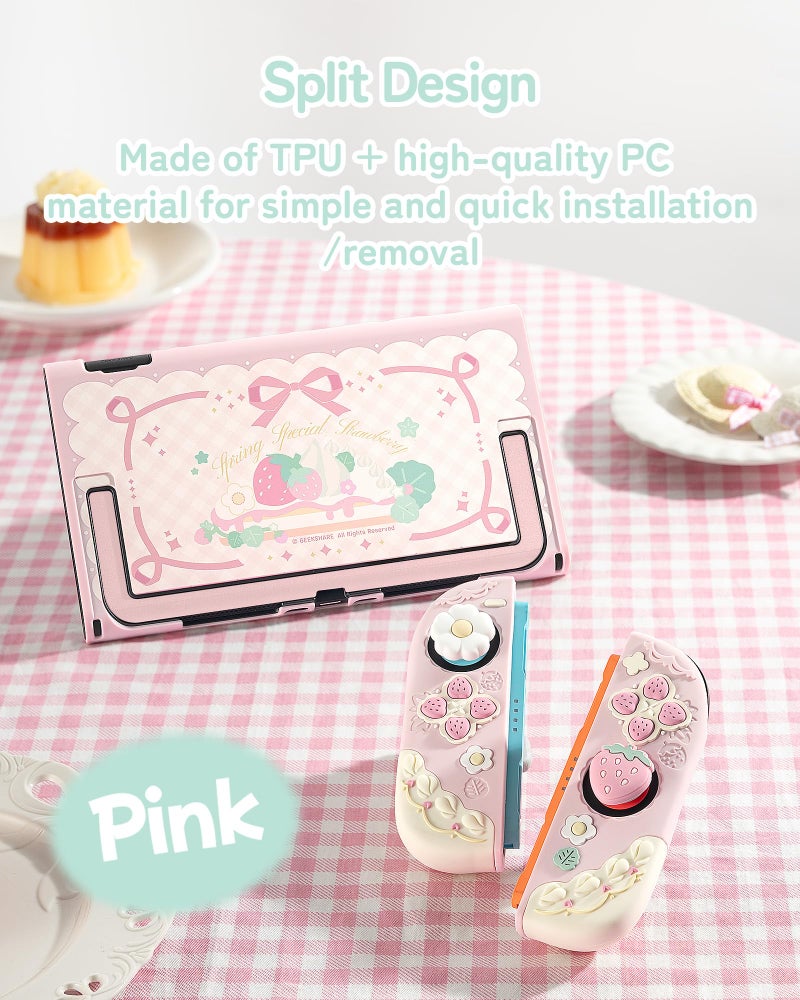 GeekShare Strawberries with Cream Case Compatible with Switch 2, Slim Separable Soft Silicone Protective Shell with 2 Thumb Grip Caps - Pink - Image 5