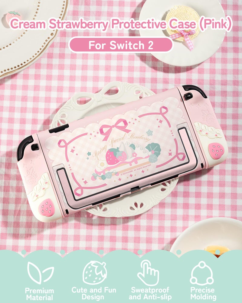 GeekShare Strawberries with Cream Case Compatible with Switch 2, Slim Separable Soft Silicone Protective Shell with 2 Thumb Grip Caps - Pink - Image 2