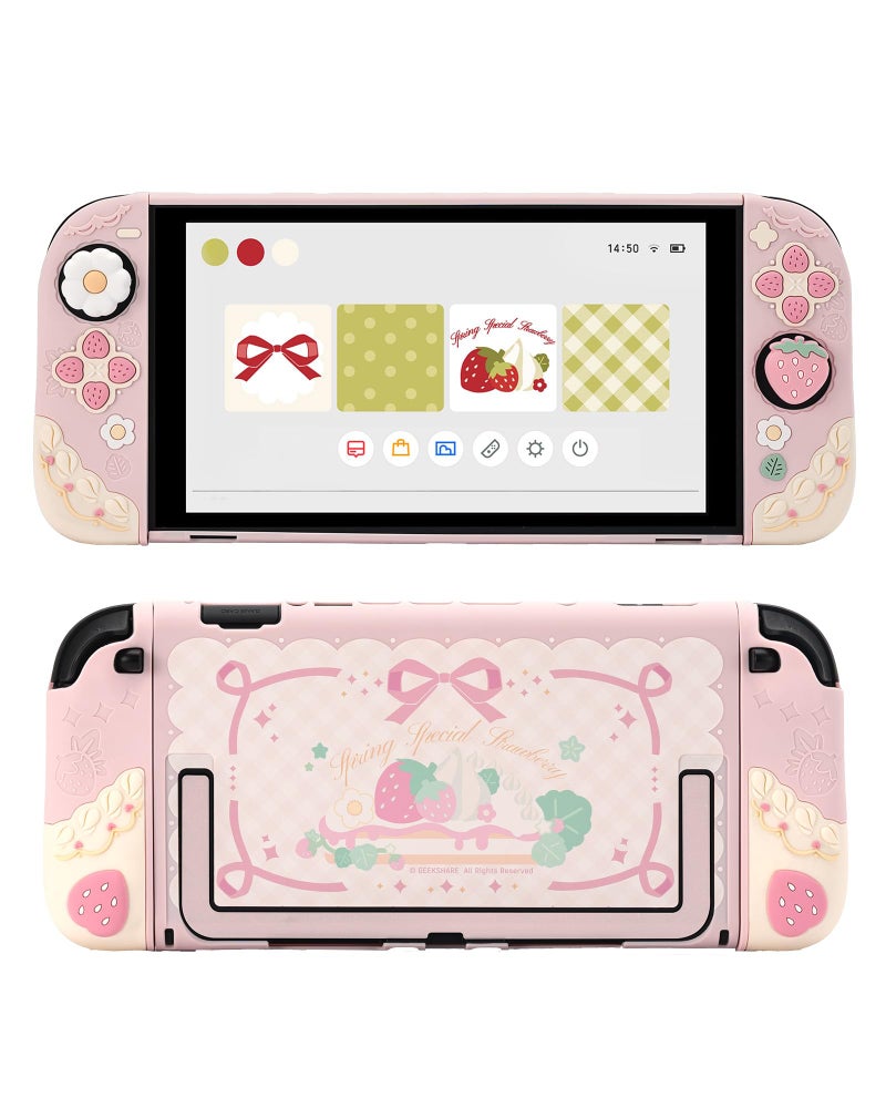 GeekShare Strawberries with Cream Case Compatible with Switch 2, Slim Separable Soft Silicone Protective Shell with 2 Thumb Grip Caps - Pink - Image 1