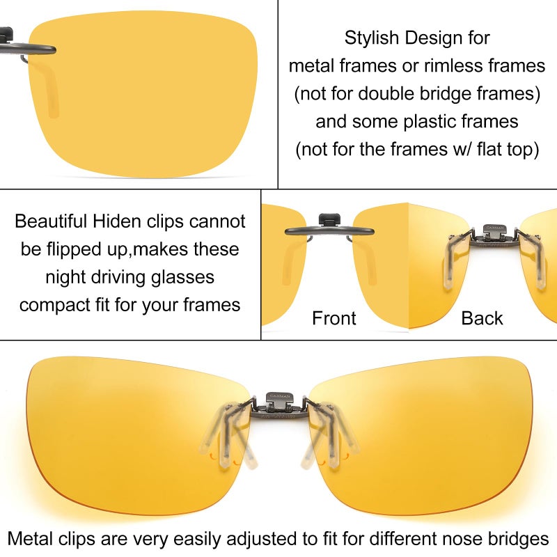 CAXMAN Night Driving Glasses Clip On Night Vision Glasses for Prescription Frames Men and Women HD Polarized Anti Glare Yellow Tinted Lens Compact Fit 59 * 42mm - Image 2