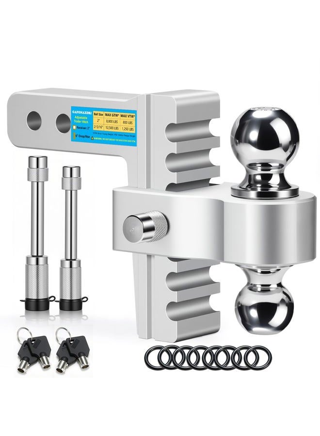 GAFONAXDRI Aircraft Aluminum Adjustable Trailer Hitch for 2 Inch Receiver, Tow Dual Ball 2'' & 2-5/16'' Towing Weight 12,500 LBS, 6'' Drop/Rise, Lightweight/Anti Rust Anti Rattle, Bulletproof Lock Pin - Image 1