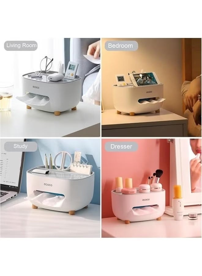 إيكوكو حامل مناديل، غطاء علبة مناديل مع مساحة تخزين، صندوق تخزين سطح المكتب، موزع حامل مناديل مناسب للطاولة الليلية، خزانة الملابس، المطبخ، سطح الطاولة، الحمام، طاولة المكتب - ابيض - Image 3
