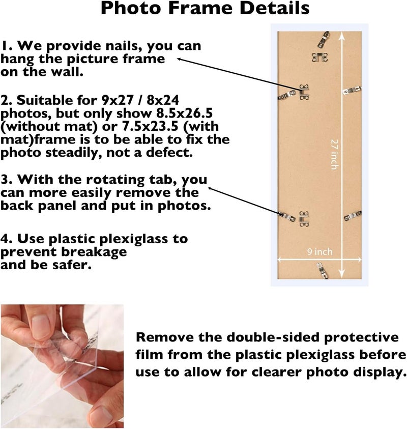 JCJMY 9x27 Picture Frame with 8x24 Mat, Display Photo 8x24 with Mat or 9 x 27 Without Mat, Wall Hanging Large 9 by 27 Poster Frame with Plexiglass, White - Image 4