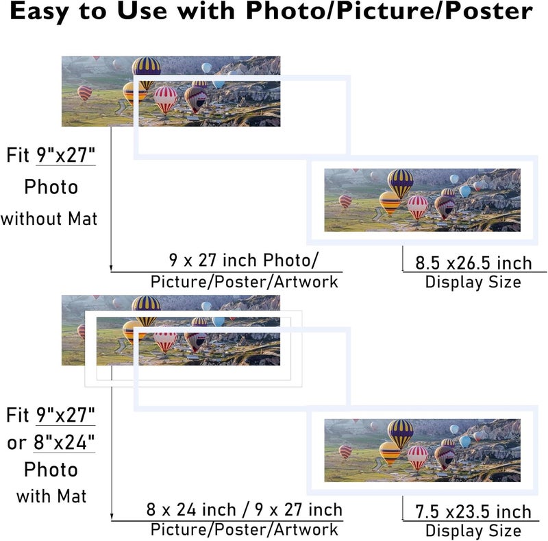 JCJMY 9x27 Picture Frame with 8x24 Mat, Display Photo 8x24 with Mat or 9 x 27 Without Mat, Wall Hanging Large 9 by 27 Poster Frame with Plexiglass, White - Image 2