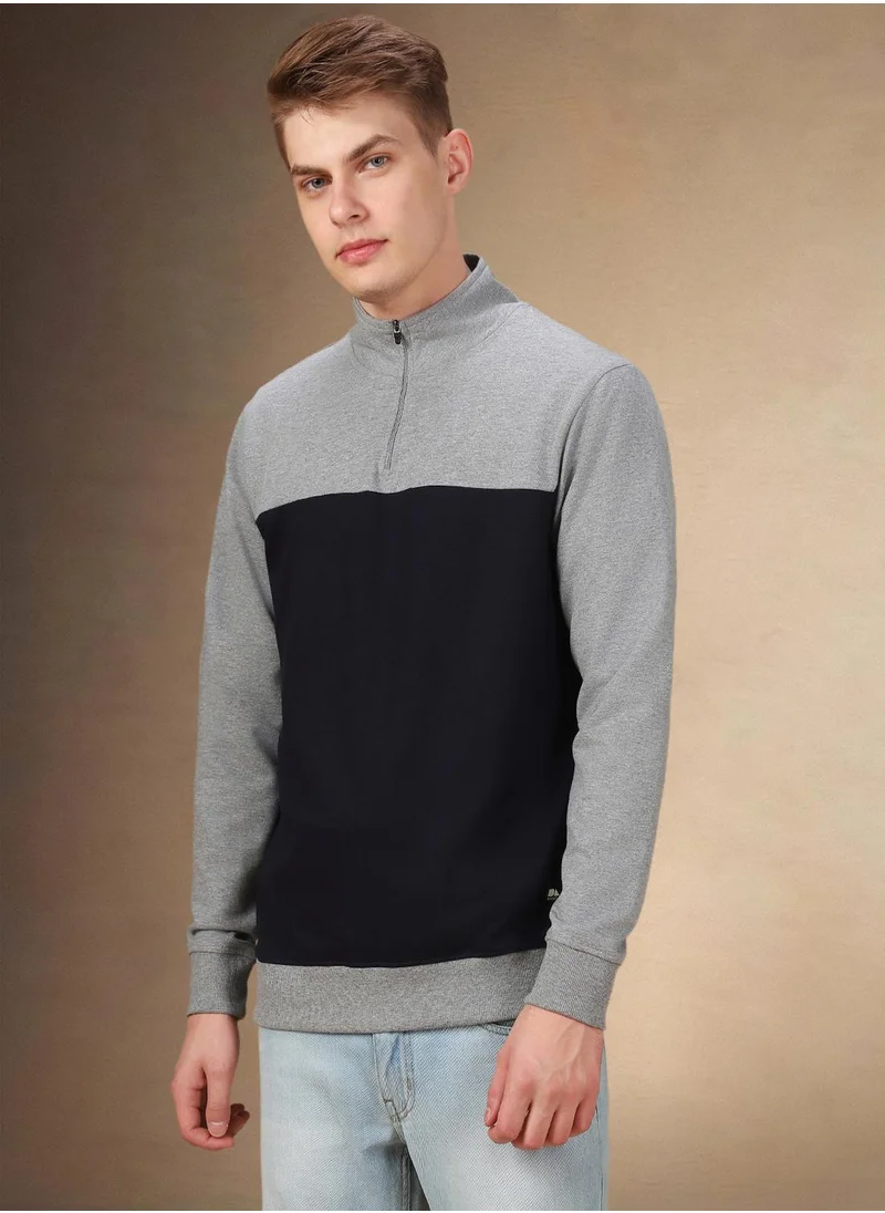 دينيس لينغو Men's Grey Melange Polyester Blend Colour Blocked Regular Fit Sweatshirt