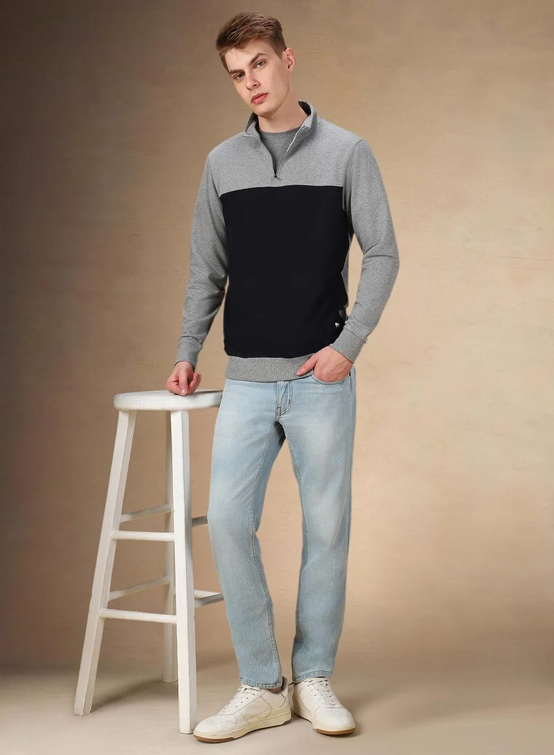 Dennis Lingo Men's Grey Melange Polyester Blend Colour Blocked Regular Fit Sweatshirt